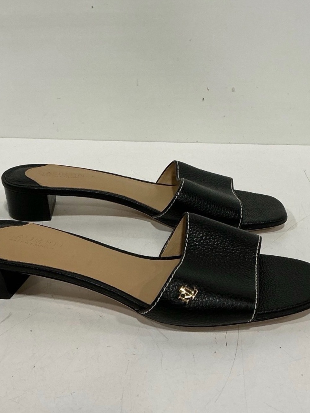 Ralph Lauren Brown Leather Slide Mules with Gold Logo Accent, Size 7